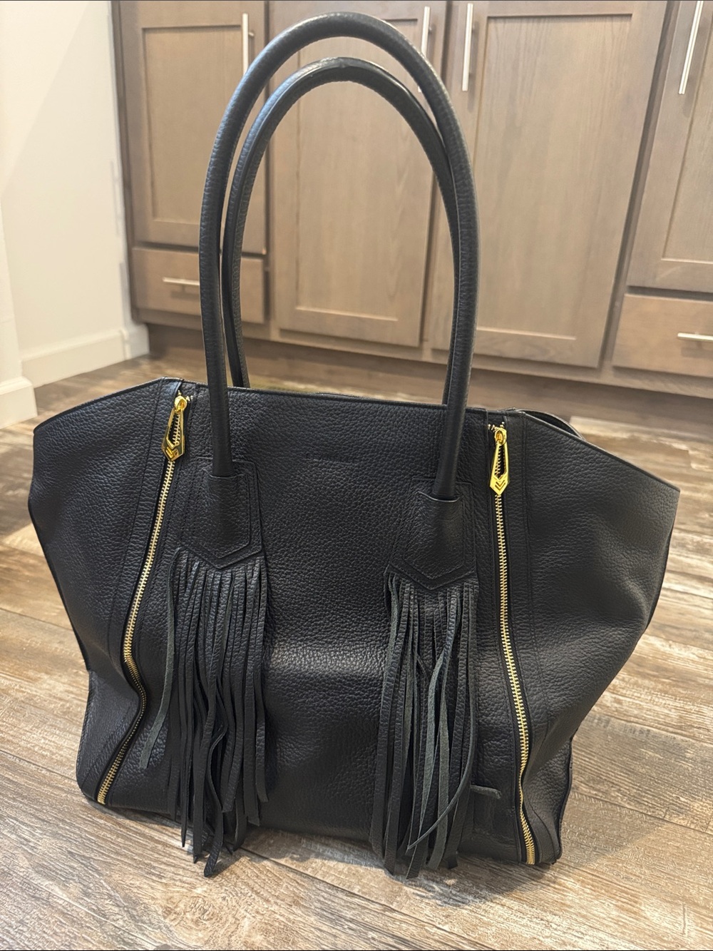 Black Leather Fringe Tote with Gold Hardware - Women